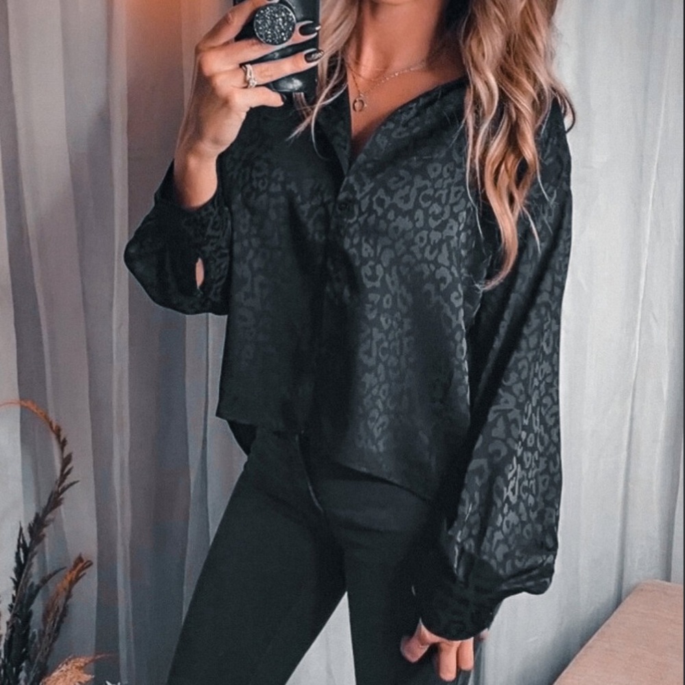 Black Leopard-Print Satin Blouse - Women Tops